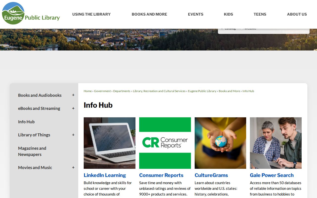 Eugene city directory research entry point at the Eugene Public Library Info Hub