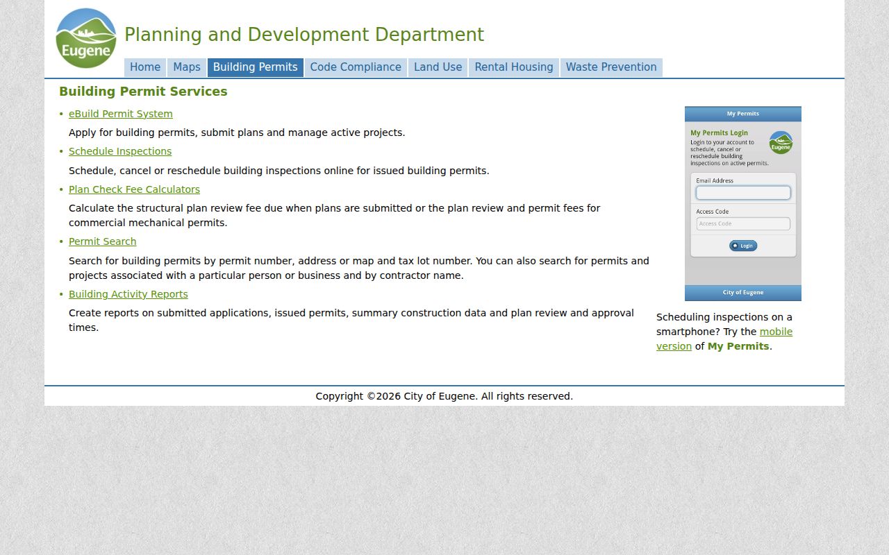 Eugene residents directory City permit search with address and map taxlot options