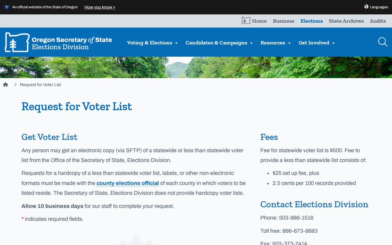 Eugene street directory Oregon voter list request information