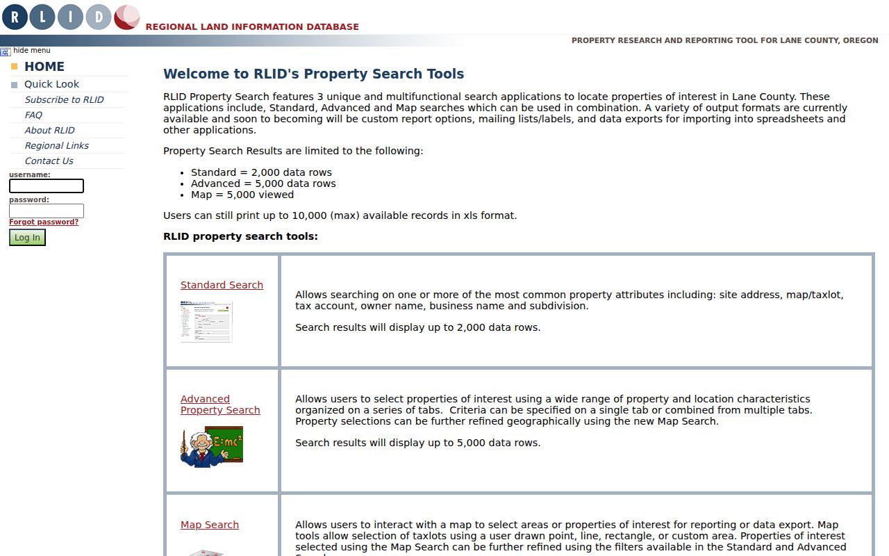 Eugene residents directory RLID property search options for Lane County records